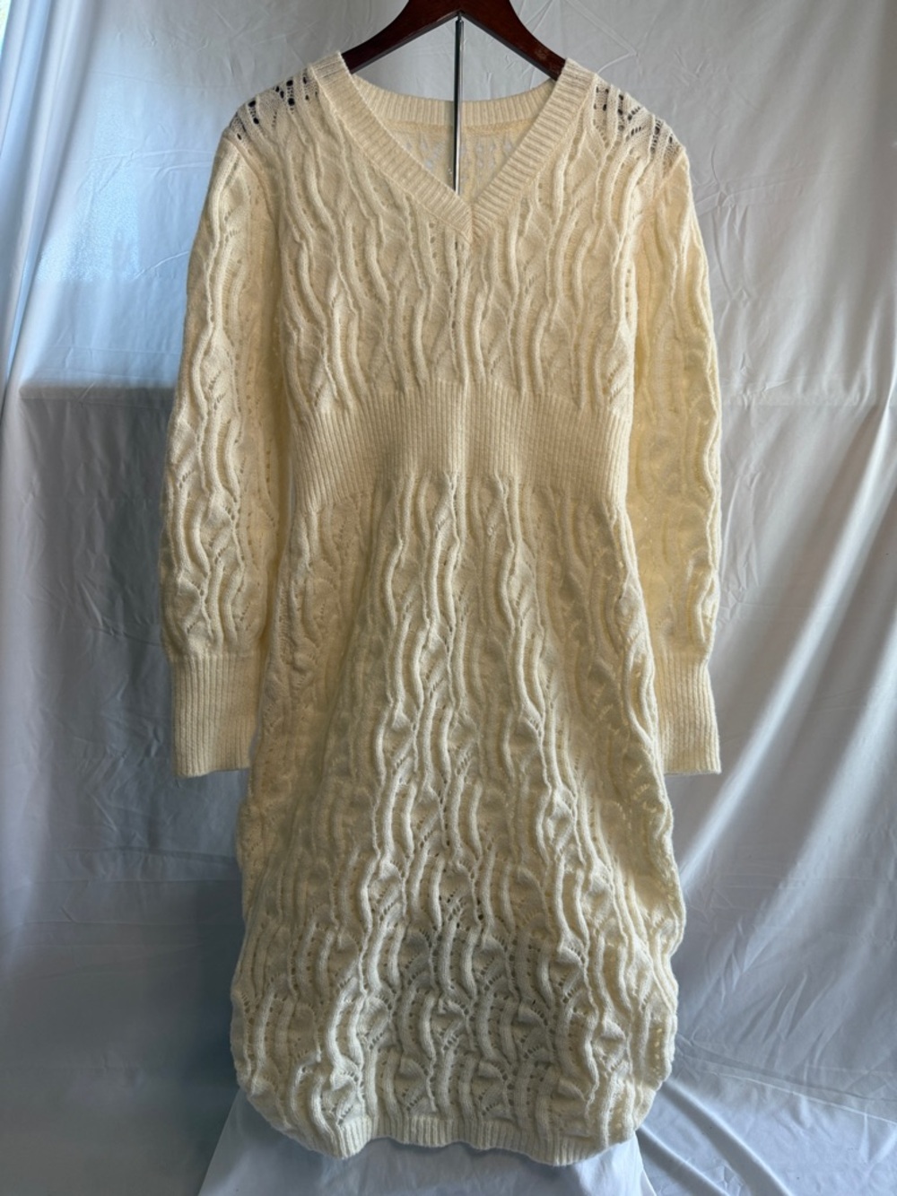 Cream Cable Knit V-Neck Sweater Dress